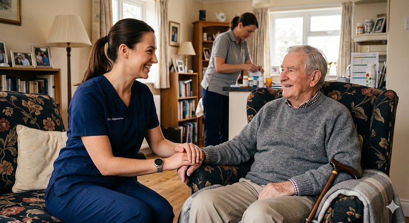 A smiling nurse in navy blue scrubs kneels slightly while holding the hand of an elderly man seated in a comfortable patterned armchair. In the background of the warm, home environment, another caregiver is visible preparing medication.Nursing care,Nursing Care Plans