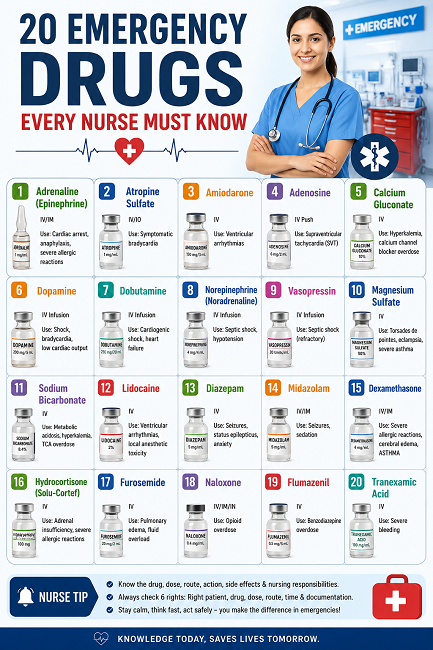 20 Emergency Drugs Every Nurse Must Know, Emergency medicine, Medicine Tray,Crash Cart drugs,