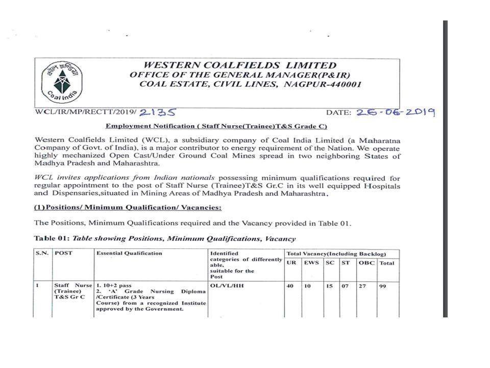 WCL Recruitment 2019 Latest Govt Staff Nurse Vacancy