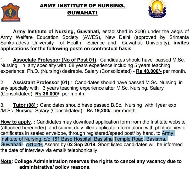 Latest Govt Jobs Army Institute Nursing Recruitment