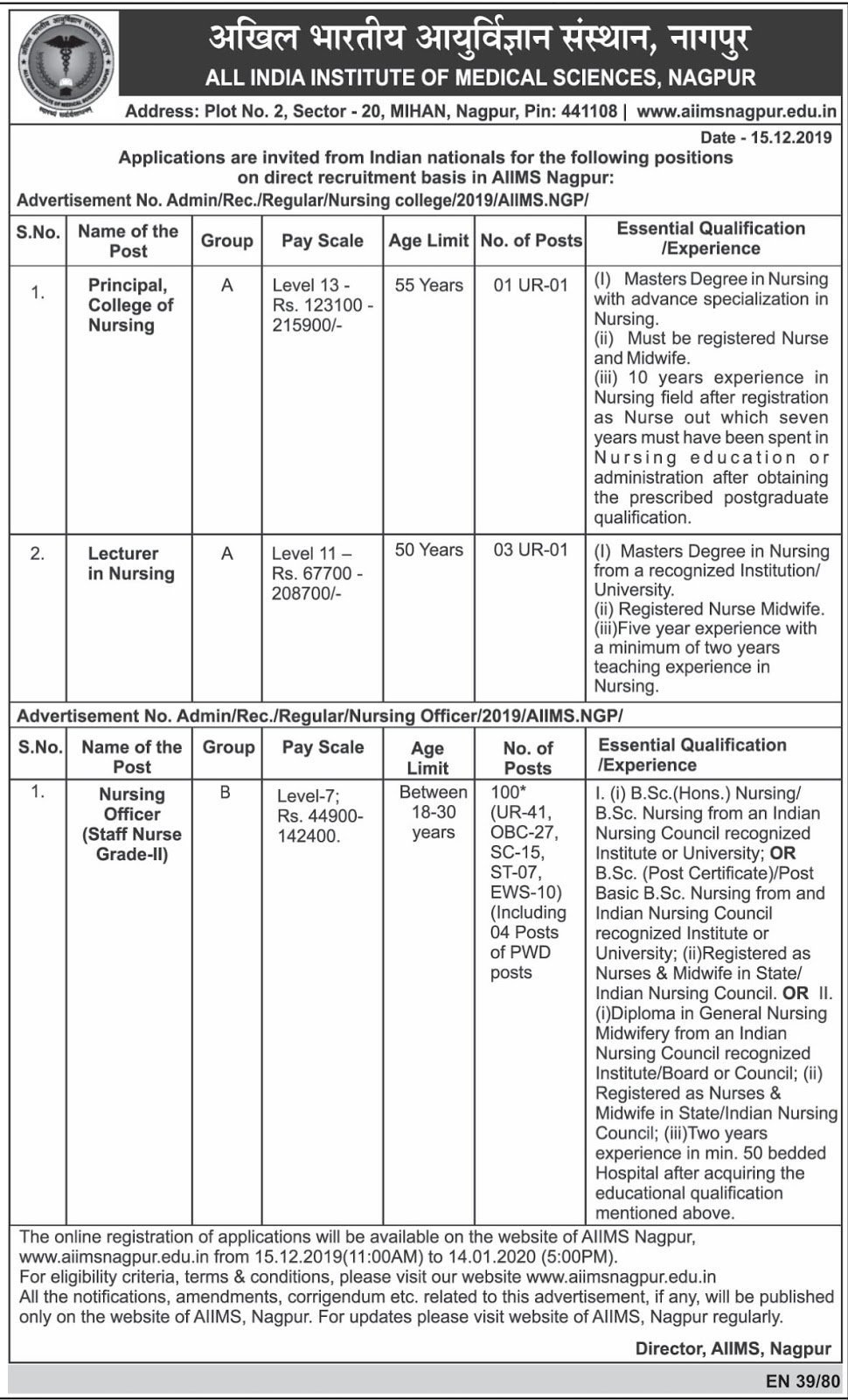 AIIMS Nagpur Recruitment 2020 Central Govt Nursing Officer Jobs