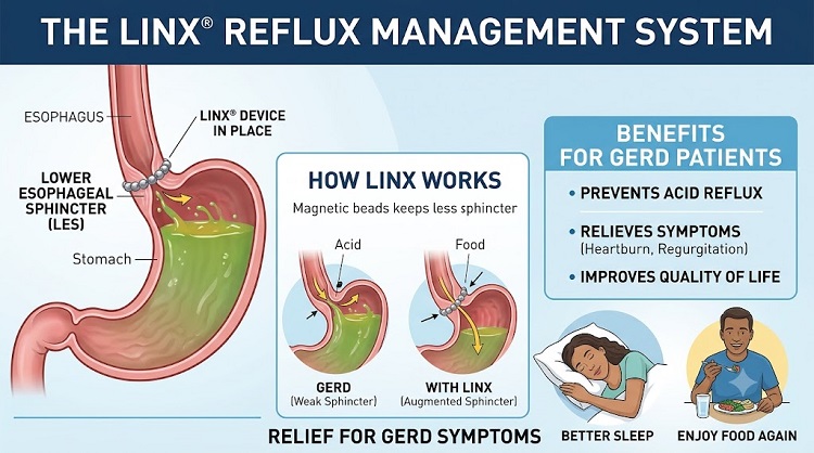 he LINX device offers relief for GERD symptoms by preventing acid reflux and improving your quality of life.