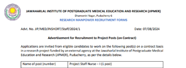 JIPMER Recruitment 2024 - Nursing Posts