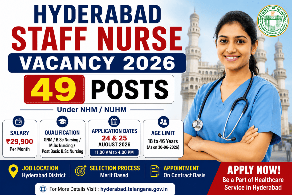 Hyderabad Staff Nurse Vacancy 2026: 49 Posts, Eligibility, Salary, Application Dates and Selection Process (Temporary) under the National Health Mission (NHM), NUHM- National Urban Health Mission 
