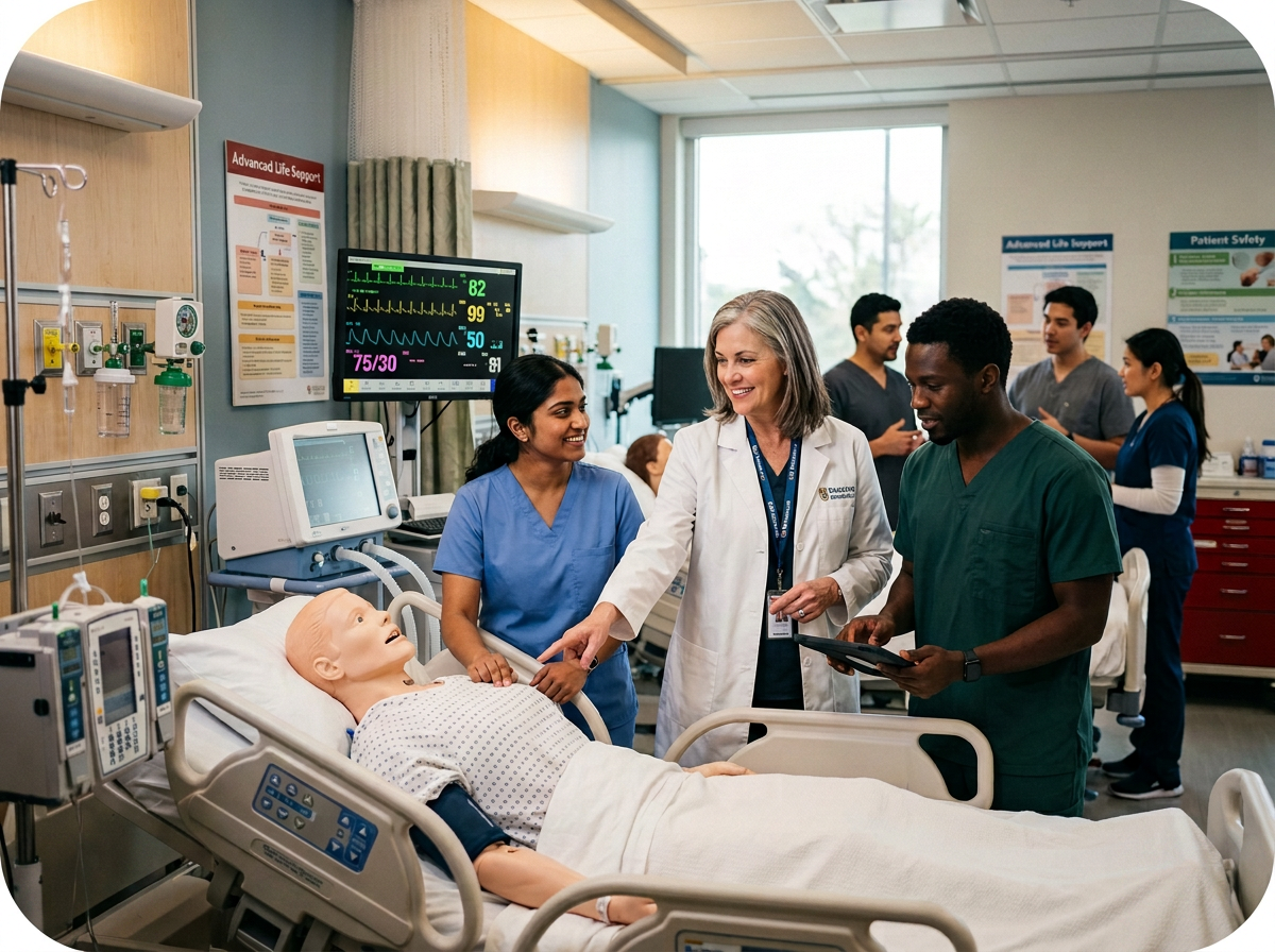 Interprofessional hospital resuscitation training session Healthcare professionals practice patient care around a hospital simulation mannequin