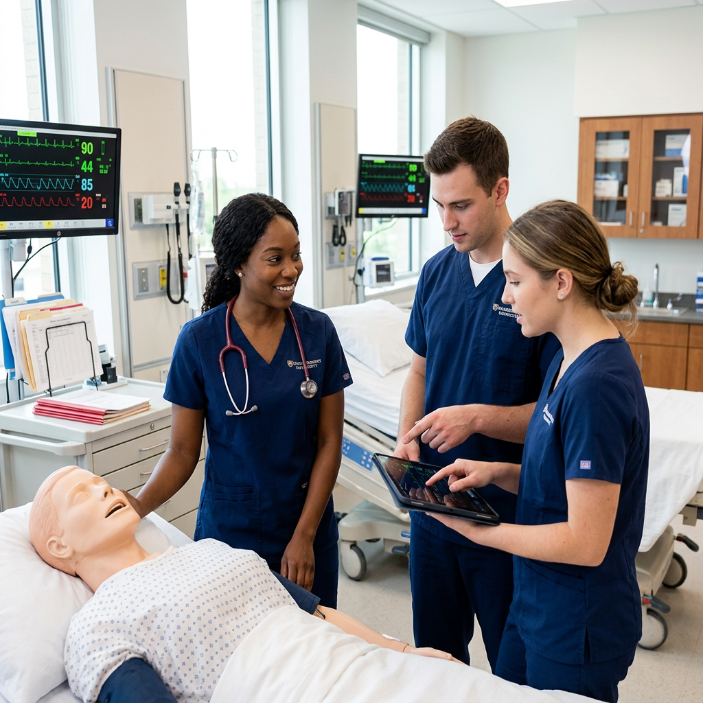 Three healthcare trainees assess a mannequin patient beside hospital monitoring equipment,Atoznursing: