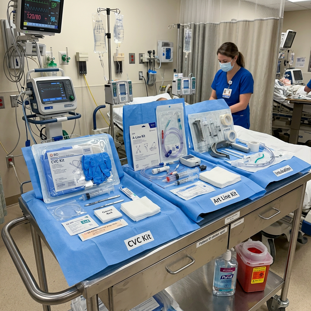 Sterile CVC, A-Line, and intubation kits arranged on a hospital cart