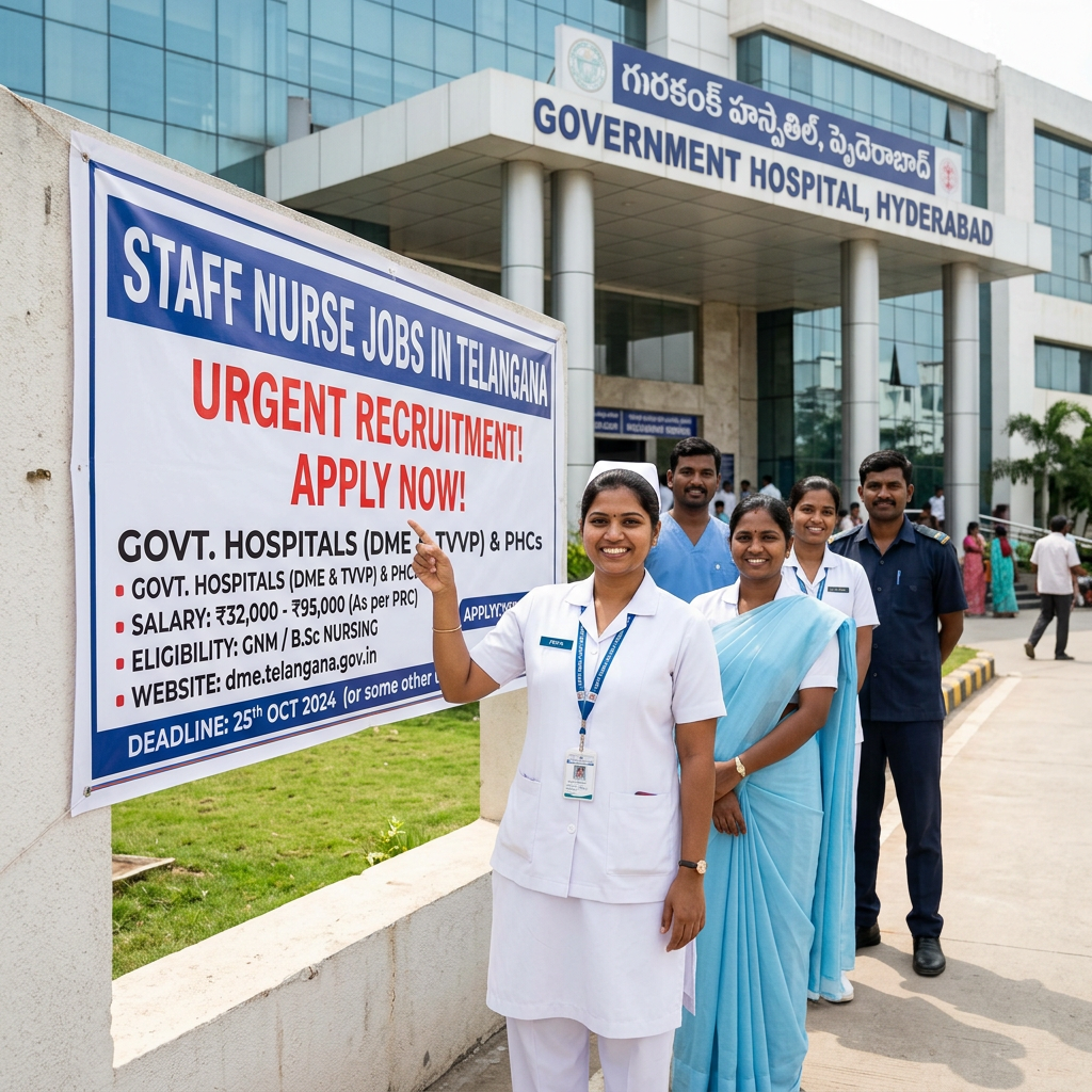 Nurses beside a sign reading “STAFF NURSE JOBS IN TELANGANA—URGENT RECRUITMENT! APPLY NOW!” outside Government Hospital, Hyderabad.Telangana Staff Nurse Govt