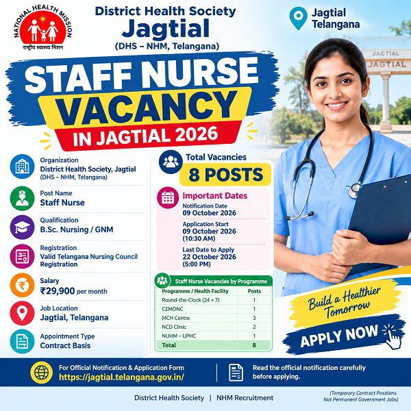 Staff Nurse vacancy in Jagtial, Staff nurse, Straff nurse Jobs, Staff nurse Vacancy in Telangna, Staff nurse jobs, Staff nurse Vacancy. Staff nurse recruitment, Staff nurse jobs in NHM, Jagtial,